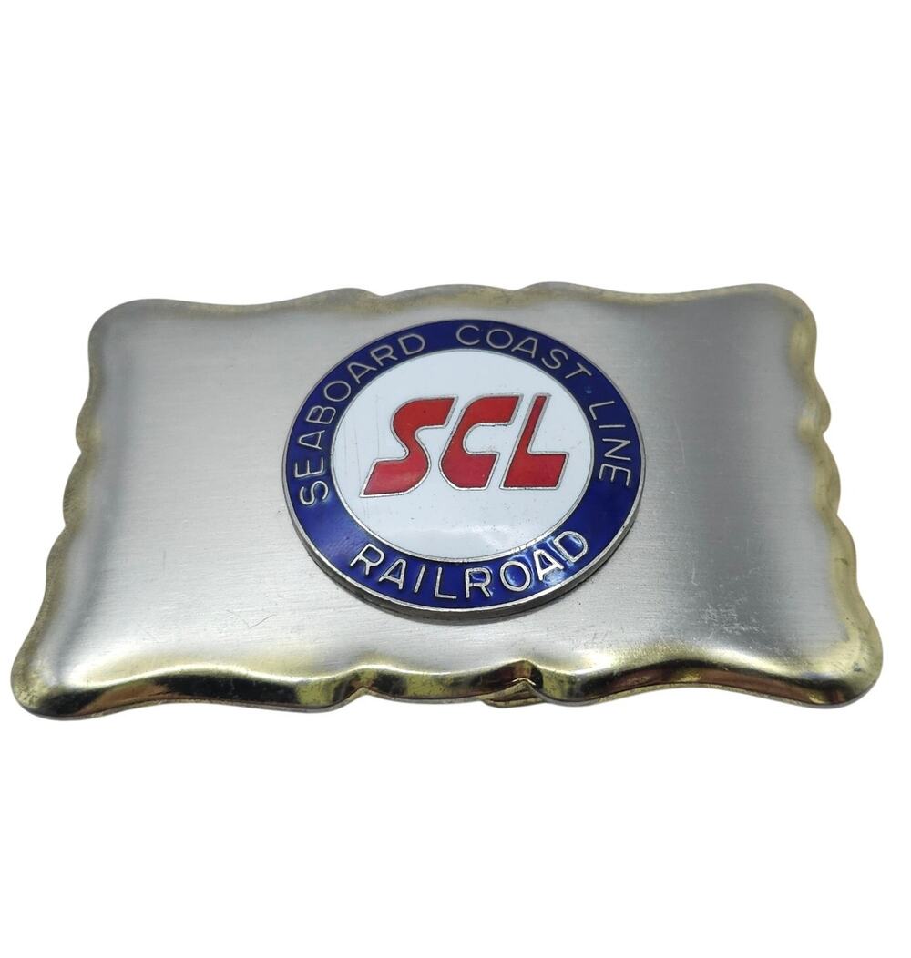 Vintage SCL Seaboard Coast Line Railroad Silver Tone Enamel Train Belt Buckle